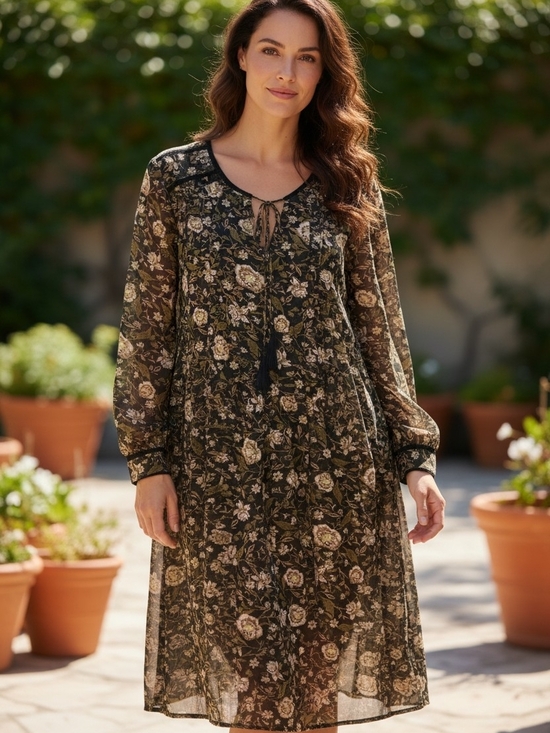 Dex Dresses & Skirts - Dex Sheer Floral Long-Sleeve Dress